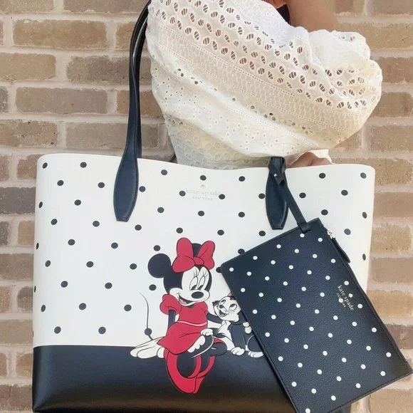 Kate Spade X Disney Minnie Mouse & Figaro White Polka Dot Leather Tote Handbag - Picture 1 of 5